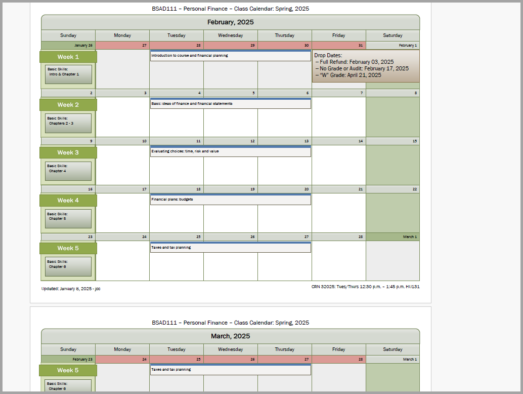 picture of 12:30 p.m. class calendar